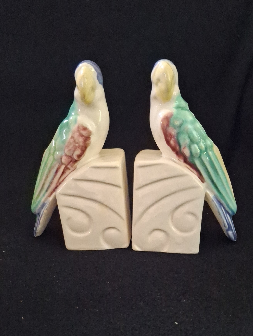 Ceramic Parrot Bookend Planters in White with Green and Teal Accents, MCM